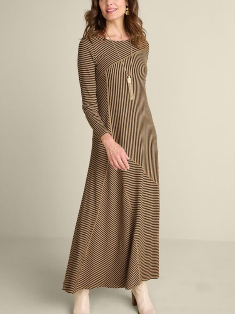 Soft Surroundings Brown Striped Ryley Long Sleeve Dress